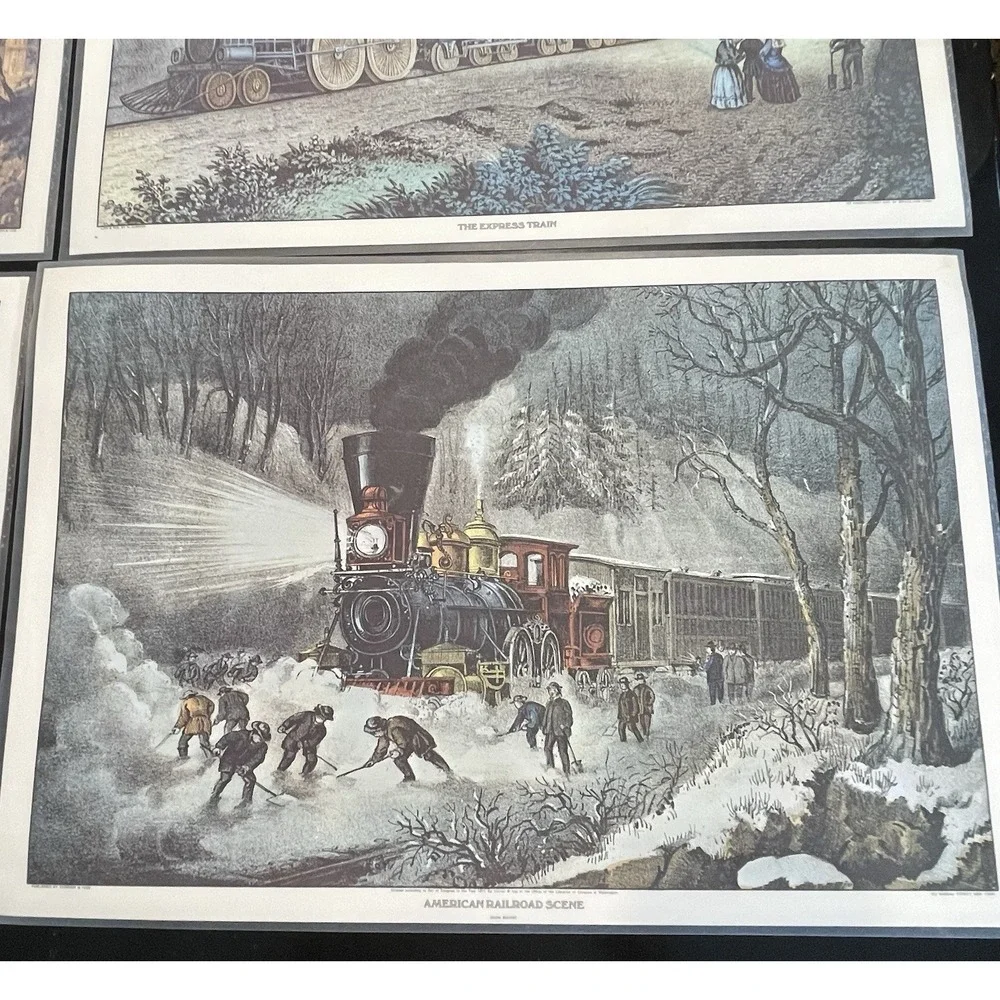CURRIER & IVES Vintage Laminated Prints Of 1864 Lithograph  Trains Placemats Set